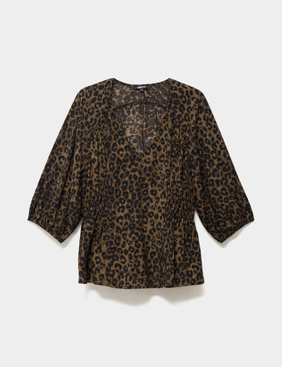 Blouse oversize &eacute;lastiqu&eacute;e manches 3/4 vert kaki femme