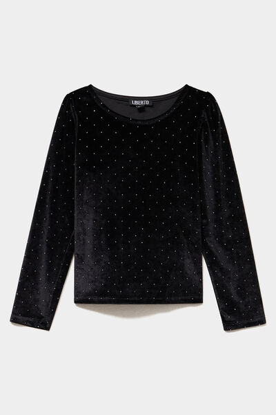 T-shirt ajust&eacute; effet velours &agrave; strass noir fille
