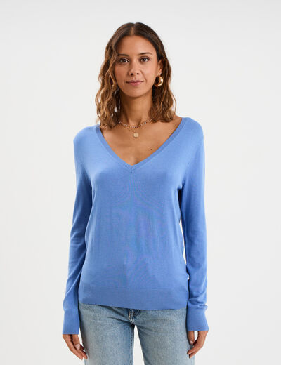 Pull col en V manches longues bleu electrique femme