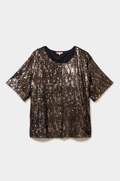 T-shirt sequins manches courtes loose couleur cuivre femme grande taille
