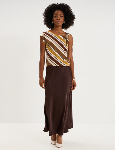 Jupe longue &eacute;vas&eacute;e effet satin marron fonc&eacute; femme
