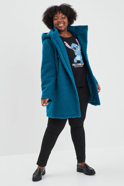 Manteau pilou bouclette à capuche bleu canard femme grande taille
