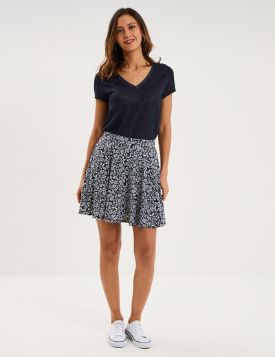 T-shirt col en V manches courtes bleu fonc&eacute; femme