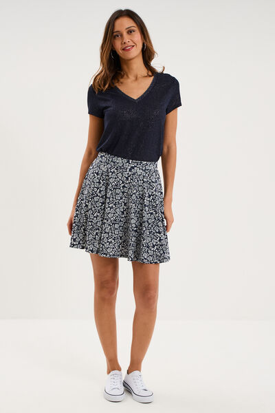 T-shirt col en V manches courtes bleu fonc&eacute; femme