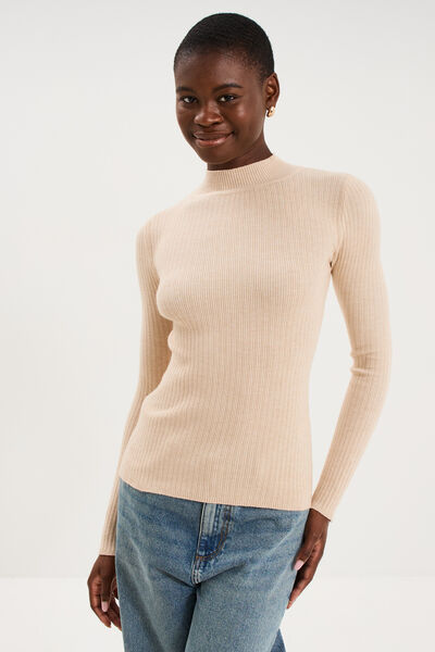 Pull ajust&eacute; c&ocirc;tel&eacute; col montant beige femme