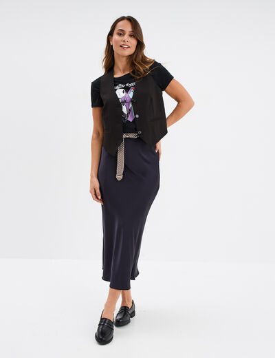 Jupe effet satin midi évasée bleu marine femme