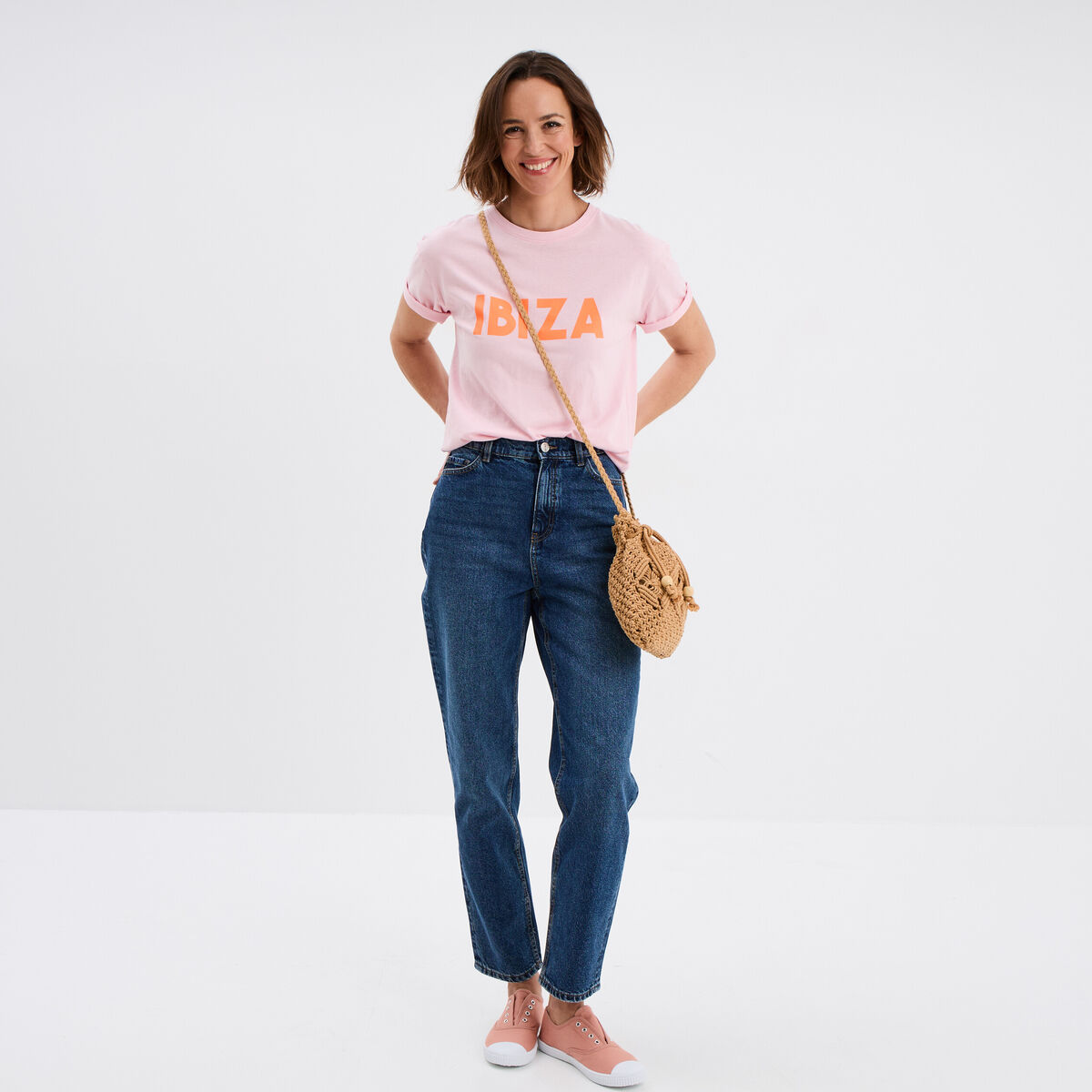 T-shirt droit manches courtes coton rose fluo femme