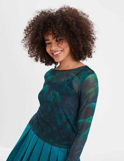 T-shirt résille ajusté col rond Liberto vert foncé femme
