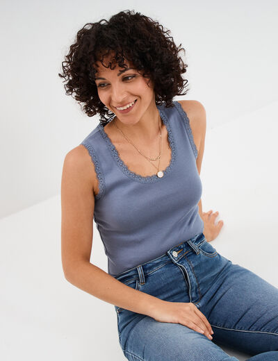 Débardeur coton bords dentelle bleu gris femme