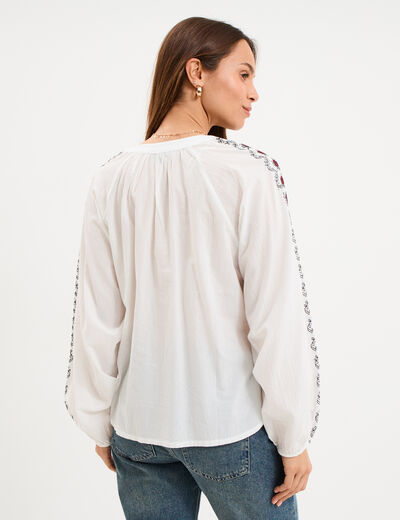 Blouse brod&eacute;e oversize coton blanc femme