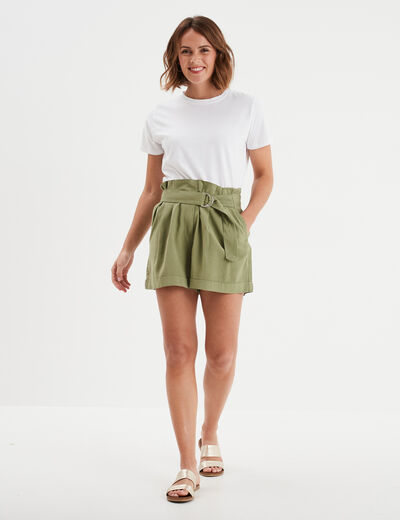 Short fluide droit vert kaki femme