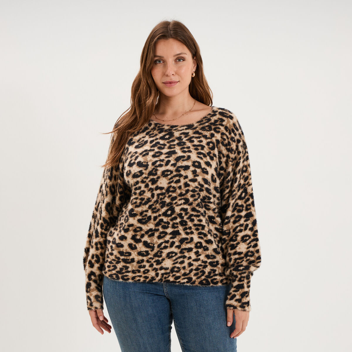 Pull manches longues col rond beige femme grande taille