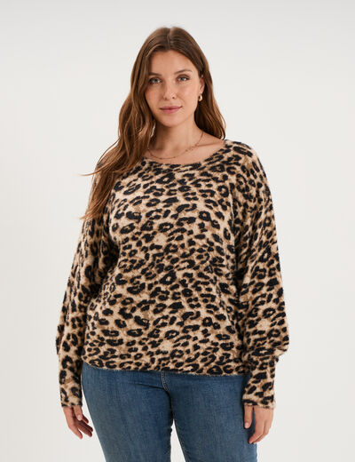 Pull manches longues col rond beige femme grande taille