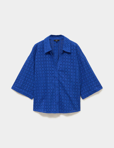 Chemise broderie anglaise coton bleu electrique femme