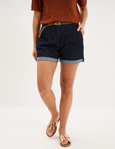 Short chino mom en jean ceintur&eacute; denim brut femme