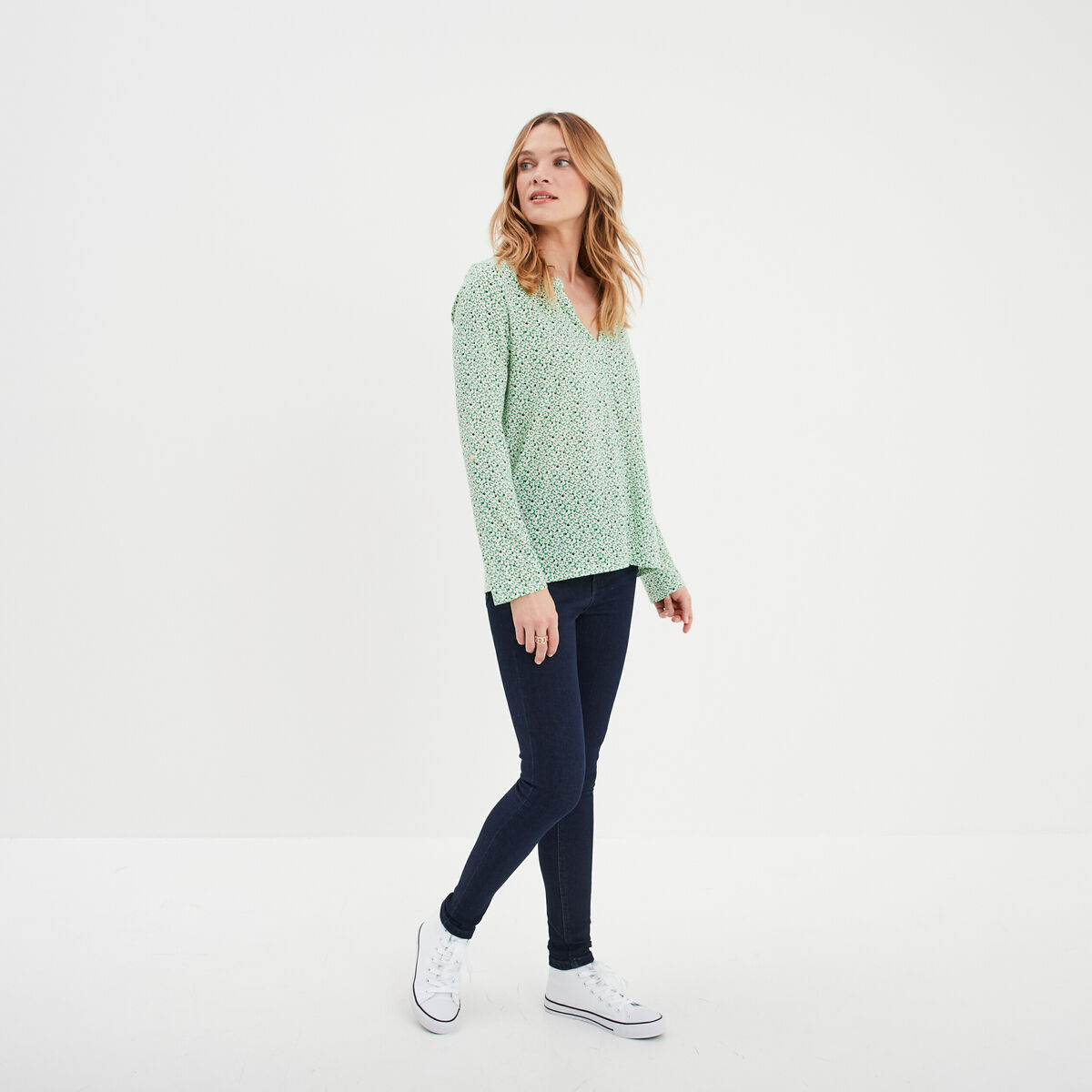 T-shirt manches longues à revers vert femme