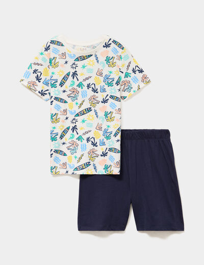 Ensemble pyjama short t-shirt en coton ecru gar&ccedil;on