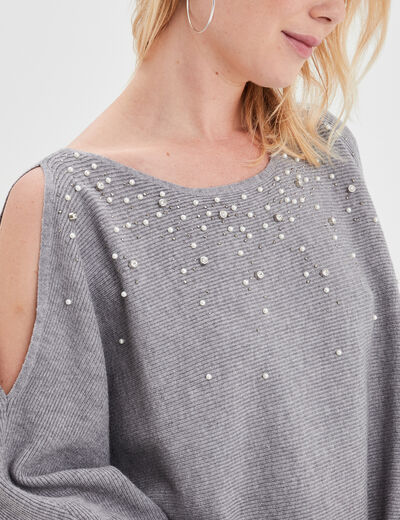 Pull perles et strass au col gris clair femme