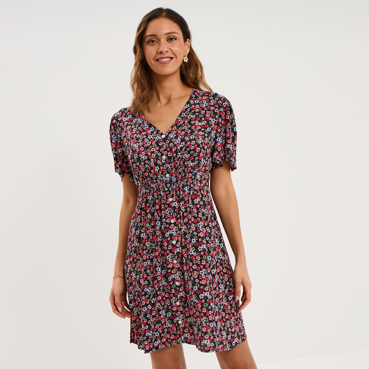 Robe courte fluide manches courtes col V noir femme