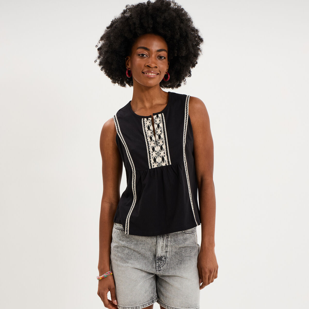 Blouse sans manches col tunisien coton noir femme
