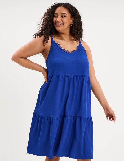 Robe bretelles &agrave; volants longueur genou bleu electrique femme grande taille