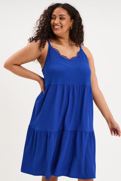 Robe bretelles &agrave; volants longueur genou bleu electrique femme grande taille