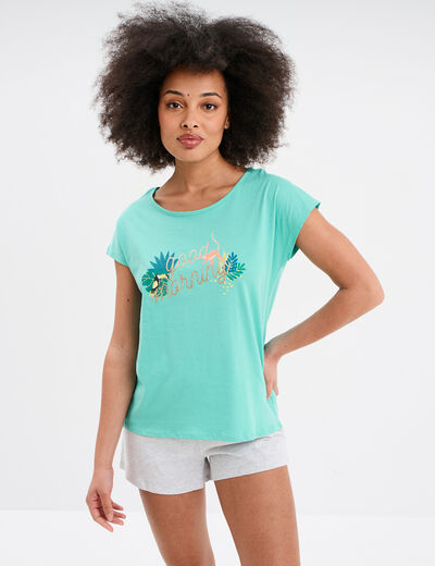 Ensemble pyjama short 2 pièces coton bleu turquoise femme