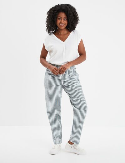 Blouse col V manches courtes lin m&eacute;lang&eacute; blanc femme