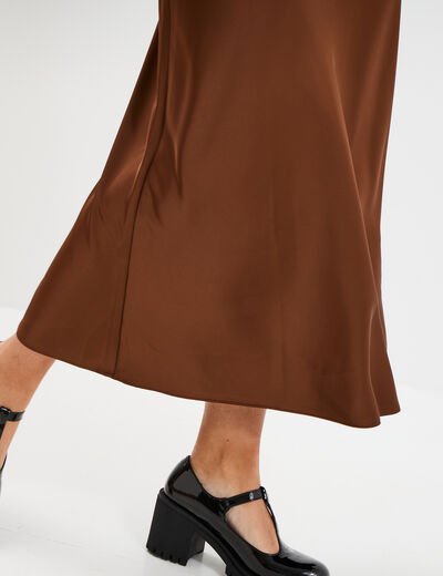 Jupe effet satin midi évasée beige femme