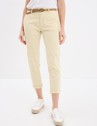 Pantalon chino 7/8ème ceinture tressée creme femme