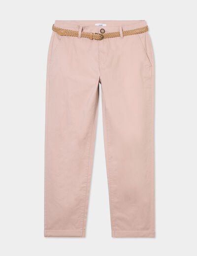 Pantalon chino 7/8ème ceinture tressée rose poudrée femme