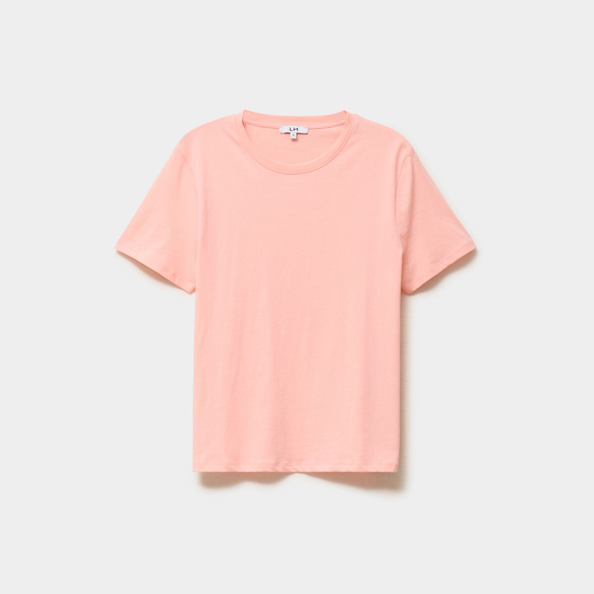 T-shirt col rond manches courtes coton rose poudr&eacute;e femme