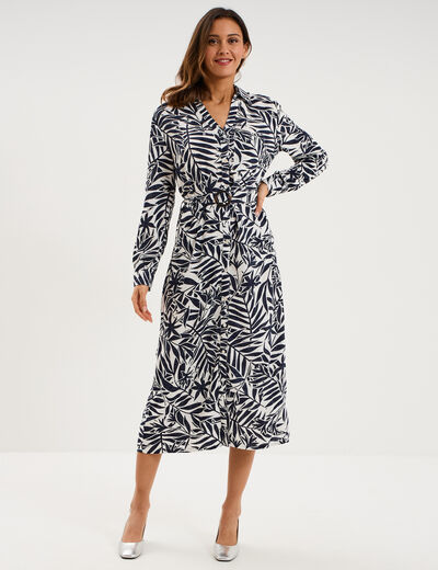 Robe chemise longue ceintur&eacute;e ecru femme