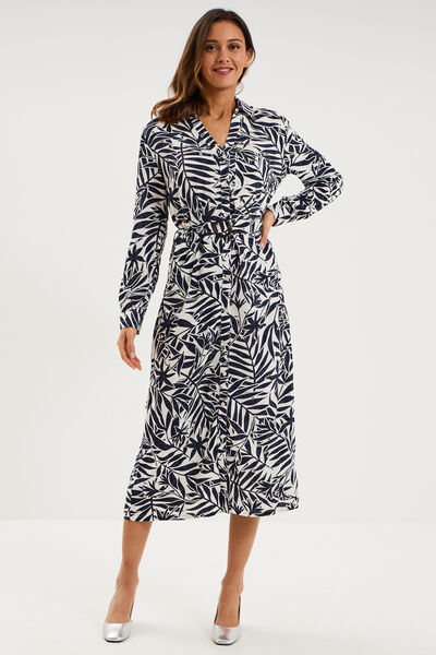Robe chemise longue ceintur&eacute;e ecru femme