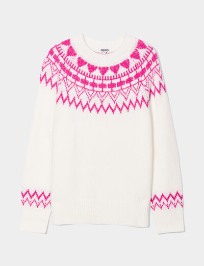 Pull jacquard col rond Creeks blanc femme