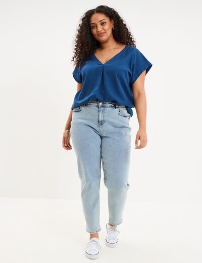 Blouse col V manches courtes m&eacute;lange lin bleu marine femme grande taille