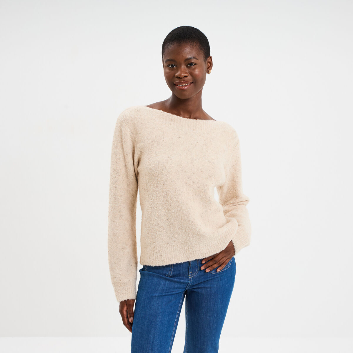 Pull col rond manches longues beige femme