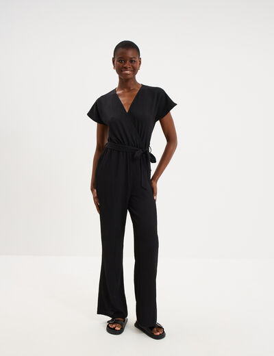 Combinaison pantalon gaufr&eacute;e ceintur&eacute;e noir femme