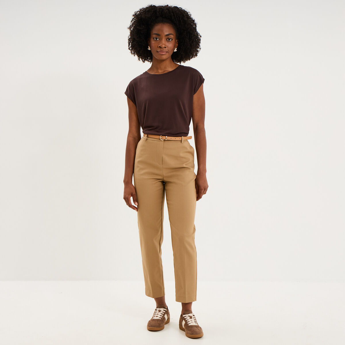 T-shirt manches courtes coupe droite marron fonc&eacute; femme