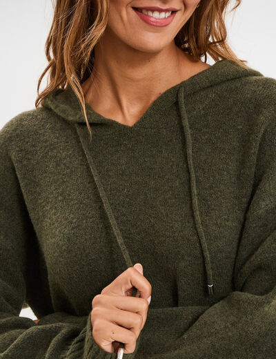 Pull &agrave; capuche manches longues vert kaki femme