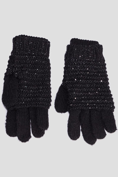 Gants tricotés avec sequins noir femme