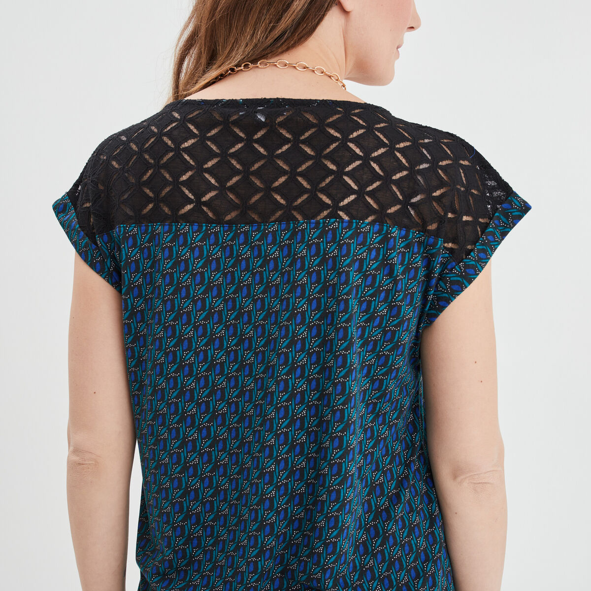 T-shirt dentelle épaules et dos bleu marine femme