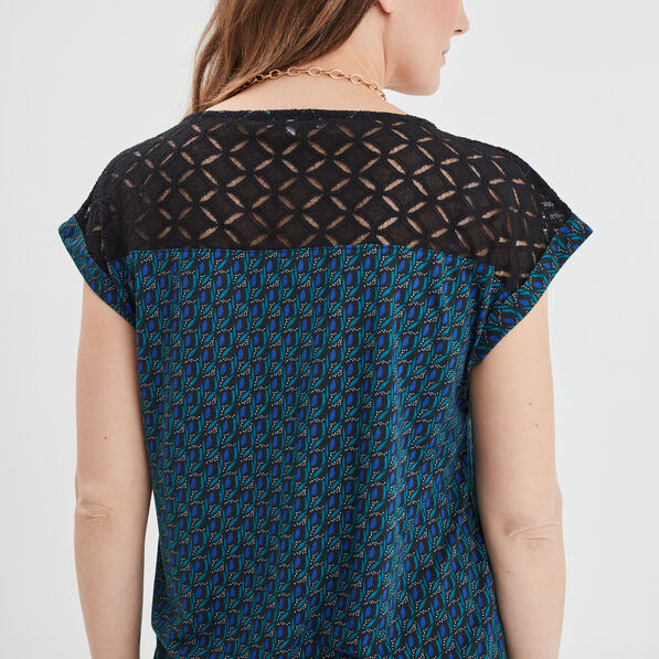 t shirt dentelle epaules et dos bleu marine femme T-shirt dentelle épaules et dos bleu marine femme