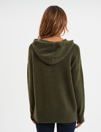 Pull &agrave; capuche manches longues vert kaki femme