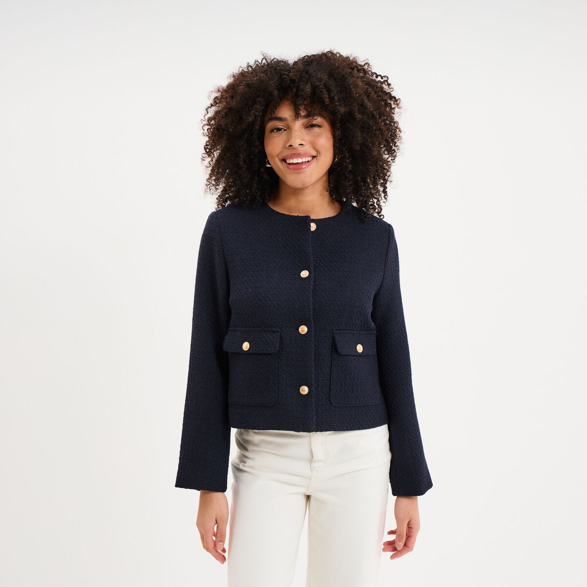 Veste effet tweed boutonn&eacute;e bleu fonc&eacute; femme