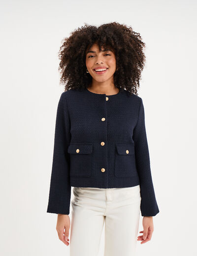 Veste effet tweed boutonn&eacute;e bleu fonc&eacute; femme
