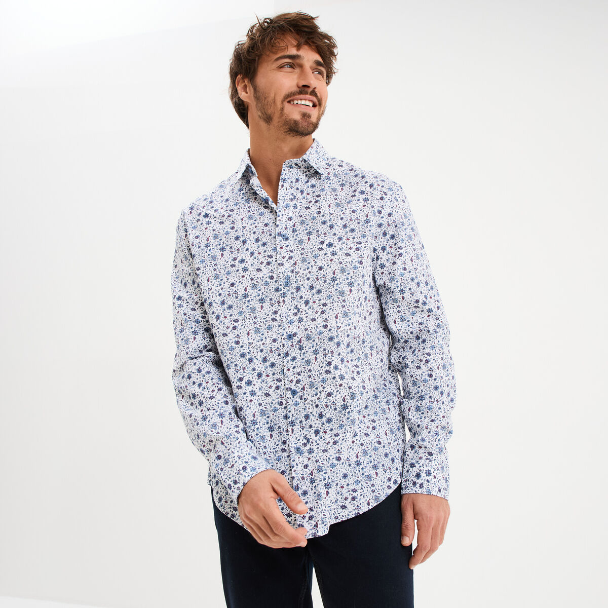 Chemise droite imprim&eacute;e manches longues bleu gris homme