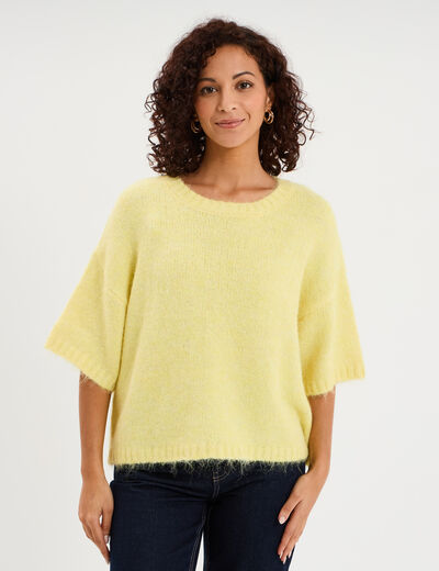 Pull col rond manches courtes jaune clair femme