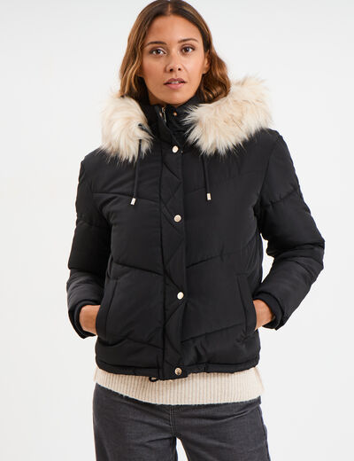 Doudoune doubl&eacute;e capuche fausse fourrure noir femme