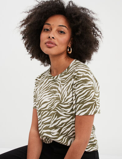 T-shirt coton col rond manches courtes vert kaki femme